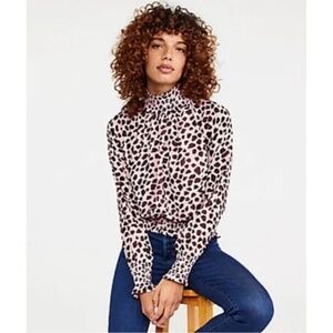Ann Taylor Animal Print Smocked High Neck Mauve Leopard Long Sleeve Blouse Sz SP